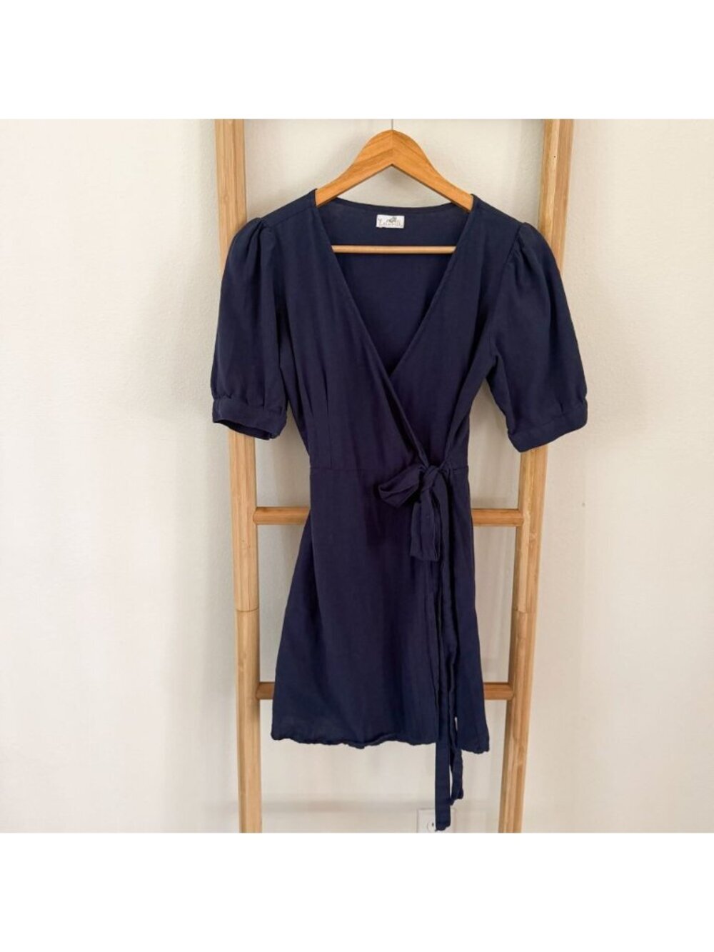 Lelasilk Navy Blue Wrap Mini Dress Puff Sleeve Tie Waist Organic Cotton Small